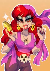 Rule 34 | artist request, blue eyeshadow, captain syrup, coin, collar, curly hair, earrings, eyeshadow, jewelry, lipstick, looking at viewer, makeup, nail polish, nintendo, non-web source, red eyes, red hair, red lips, red nails, wario land, wario land: shake it!, wavy hair