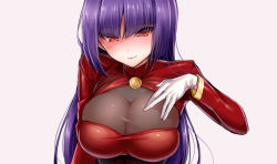 Rule 34 | 1girl, blush, breasts, cleavage, cleavage cutout, clothing cutout, creatures (company), female focus, game freak, gloves, gym leader, hizuki akira, large breasts, long hair, looking at viewer, nintendo, pokemon, purple hair, red eyes, sabrina (pokemon), see-through, simple background, smile, solo, white gloves