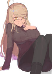 Rule 34 | 1girl, absurdres, alma armas, amepa (ame pinecandy), black pants, blonde hair, glasses, highres, looking at viewer, pants, simple background, sitting, solo, sweater, va-11 hall-a, white background, yellow eyes