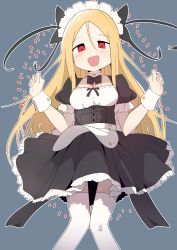 Rule 34 | 1girl, absurdres, alternate costume, blonde hair, blush, bural chingu, detached collar, detached sleeves, dress, enmaided, grey background, hair between eyes, highres, lee ji-min, long hair, looking at viewer, maid, maid headdress, open mouth, outline, red eyes, simple background, smile, solo, thighhighs, white outline, white thighhighs, wweed