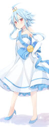 Rule 34 | 1girl, absurdres, ahoge, aisu (icicleshot), bare shoulders, blanc (neptunia), blue footwear, blue hair, blue ribbon, choujigen game neptune, collarbone, dress, elbow gloves, frilled dress, frills, full body, gloves, hands on own hips, highres, light blue hair, looking at viewer, neptune (series), power symbol, power symbol-shaped pupils, red eyes, ribbon, sash, short hair with long locks, sidelocks, simple background, solo, strapless, strapless dress, symbol-shaped pupils, white background, white dress, white heart (neptunia)