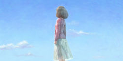 Rule 34 | 1girl, ag+ (atelieriji), arms at sides, back, blonde hair, borrowed character, cloud, cowboy shot, day, looking away, original, outdoors, see-through, skirt, sky, solo, standing, sweater