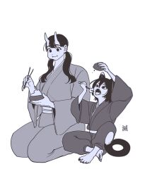 Rule 34 | 2girls, :i, absurdres, animal ears, arms up, barefoot, bowl, cat ears, cat girl, cat tail, chewing, chopsticks, dungeon meshi, eating, fangs, full body, hair over shoulder, height difference, highres, holding, holding chopsticks, horns, inutade, izutsumi, japanese clothes, kimono, knee up, korean commentary, long hair, long sleeves, low twintails, mismatched animal ear colors, monochrome, multiple girls, nail polish, nigiribashi, obi, oni, open mouth, pants, rice bowl, sash, seiza, short hair, side-by-side, simple background, sitting, tail, tarock comm, toenail polish, toenails, twintails