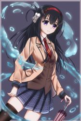 Rule 34 | 1girl, black hair, black thighhighs, blazer, blue background, blue skirt, border, brown jacket, brown vest, buttons, closed mouth, collared shirt, commentary, cowboy shot, dutch angle, grey border, hair between eyes, hair ornament, hairband, highres, holding, jacket, lapels, long hair, long sleeves, looking at viewer, necktie, nijouin hazuki, nix (3keine), notched lapels, open clothes, open hands, open jacket, outside border, parasol, plaid, plaid skirt, pleated skirt, purple eyes, red hairband, red necktie, riddle joker, school uniform, shirt, simple background, skirt, sleeves past wrists, smile, solo, straight hair, thighhighs, umbrella, vest, water, white shirt, yuzu-soft, zettai ryouiki