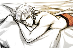 Rule 34 | 1boy, bed, closed mouth, eyebrows, eyelashes, eyes visible through hair, final fantasy, final fantasy vii, final fantasy vii remake, highres, leslie kyle, lying, male focus, messy hair, one eye closed, pillow, shoulder blades, solo, square enix, topless male, underwear, yellow eyes
