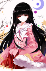 Rule 34 | 1girl, absurdres, artist name, black hair, blunt bangs, bow, bowtie, brown eyes, chinese commentary, collarbone, commentary request, crescent, dated, eyelashes, eyes visible through hair, frilled shirt collar, frilled sleeves, frills, highres, houraisan kaguya, long hair, long sleeves, looking at viewer, parted lips, pink shirt, red skirt, sash, sheya, shirt, signature, simple background, single sidelock, skirt, sleeves past fingers, sleeves past wrists, solo, touhou, very long hair, white background, white bow, white bowtie, white sash, wide sleeves