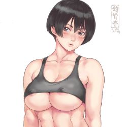 1girl areola_slip black_hair blush breasts brown_eyes cleavage collarbone covered_erect_nipples large_breasts looking_at_viewer muscular muscular_female original parted_lips short_hair shu-mai simple_background solo sports_bra underboob upper_body white_background