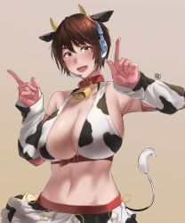 Rule 34 | 1girl, :d, animal ears, animal print, armpits, artist name, bare shoulders, bell, breasts, brown eyes, brown hair, cleavage, collar, collarbone, cow ears, cow horns, cow print, cow tail, cowbell, cowboy shot, dated commentary, detached sleeves, eyebrows hidden by hair, fake animal ears, fake horns, fake tail, gloves, grey background, groin, hair between eyes, headset, horns, hunyan, idolmaster, idolmaster cinderella girls, index fingers raised, large breasts, looking at viewer, midriff, navel, neck bell, oikawa shizuku, open mouth, pink gloves, red collar, short hair, sidelocks, simple background, skirt, smile, solo, standing, tail, underbust, white skirt