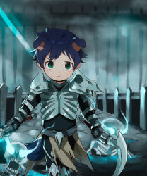 Rule 34 | 1boy, animal ears, armor, armored boots, blue hair, boots, child, dog ears, fantasy, gauntlets, green eyes, highres, holding, holding weapon, magic, male focus, nemui (nemuriyagi), original, pauldrons, serious, short hair, shoulder armor, sickle, skull, solo, thigh boots, thighhighs, walking, weapon
