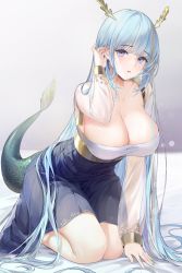 Rule 34 | 1girl, absurdres, antlers, blue eyes, blue hair, blush, breasts, cleavage, dress, fins, fish tail, gold trim, tucking hair, hand in own hair, highres, horns, kneeling, large breasts, leaning forward, lillly, long hair, long sleeves, looking at viewer, multicolored hair, original, parted lips, see-through, sidelocks, solo, tail, thighs, two-tone hair, very long hair