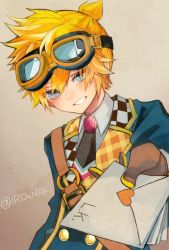Rule 34 | 1boy, aqua eyes, bishounen, blonde hair, blue eyes, envelope, giving, goggles, goggles on head, gradient background, heart, incoming gift, ironaki, kagamine len, looking at viewer, male focus, more more jump! len, necktie, short hair, smile, teeth, vocaloid
