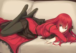 Rule 34 | 1girl, :/, black pantyhose, breasts, couch, dress, hair ribbon, kauto, kushia microphylla, long hair, looking at viewer, lying, medium breasts, no shoes, on stomach, original, pantyhose, pleated skirt, red dress, red eyes, red hair, ribbon, skirt, solo