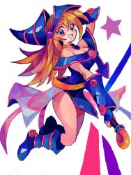 Rule 34 | 1girl, bare shoulders, blonde hair, blue eyes, blue footwear, blush stickers, boots, breasts, choker, cleavage, dark magician girl, detached sleeves, duel monster, hat, skirt, solo, staff, star (symbol), tegaki, turpentine (artist), turpentine (pin), wizard hat, yu-gi-oh!, yuu-gi-ou, yu-gi-oh! duel monsters