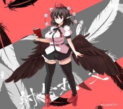 Rule 34 | 1girl, bird wings, black thighhighs, black wings, closed mouth, collared shirt, commentary request, feathers, frilled skirt, frills, geta, grey background, hat, jyaoh0731, looking at viewer, miniskirt, pointy ears, pom pom (clothes), red background, red eyes, red footwear, shameimaru aya, shirt, short sleeves, skirt, solo, tengu-geta, thighhighs, tokin hat, touhou, two-tone background, white shirt, wings