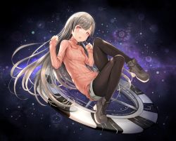 Rule 34 | 1girl, black pantyhose, blunt bangs, blush, boots, commentary request, future girlfriend, grey hair, long hair, looking at viewer, pantyhose, qbase, red eyes, revision, ribbed sweater, shorts, sleeves past wrists, solo, sweater, turtleneck, very long hair, yulin (future girlfriend)