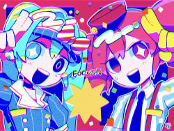 Rule 34 | 2girls, akao (akao red08), black choker, black necktie, blue eyes, blue hair, bow, buttons, choker, collared shirt, commentary request, confetti, diagonal-striped bow, double-breasted, drill hair, english text, film grain, gloves, hair between eyes, hat, hatsune miku, highres, kasane teto, long hair, mesmerizer (vocaloid), multiple girls, necktie, open mouth, red eyes, red hair, red hat, shirt, short sleeves, single empty eye, smile, sparkling eyes, striped clothes, striped shirt, suspenders, teeth, twin drills, twintails, upper teeth only, utau, vertical-striped clothes, vertical-striped shirt, visor cap, vocaloid, waitress, white shirt, yellow gloves