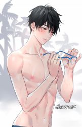 Rule 34 | 1boy, abs, artist name, black hair, blue-framed eyewear, blush, brown eyes, collarbone, commentary request, unworn eyewear, gearous, glasses, gradient background, grey background, half-closed eyes, highres, holding, holding removed eyewear, jewelry, katsuki yuuri, looking down, male focus, messy hair, nipples, palm tree, parted lips, puffy nipples, ring, shaded face, simple background, sweat, sweatdrop, topless male, tree, upper body, wedding ring, white background, yuri!!! on ice