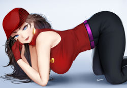 Rule 34 | 1girl, all fours, belt, black hair, black pants, blue eyes, breasts, donkey kong (series), earrings, easonx, eyelashes, from side, gloves, gold earrings, golf pauline, hat, jewelry, lipstick, long hair, looking at viewer, makeup, mario (series), mario golf, mario golf: super rush, nintendo, pants, pauline, pauline (mario), purple belt, red gloves, red hat, red lips, single glove, sleeveless, smile, solo