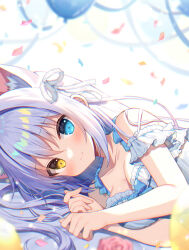 Rule 34 | 1girl, aina rive, animal ear fluff, animal ears, balloon, bare shoulders, blue dress, blue eyes, blue flower, blurry, blurry background, blurry foreground, blush, breasts, cat ears, closed mouth, confetti, depth of field, dress, flower, grey hair, hair between eyes, hands up, heterochromia, long hair, looking at viewer, mauve, medium breasts, original, pink flower, pink rose, rose, smile, solo, upper body, yellow eyes