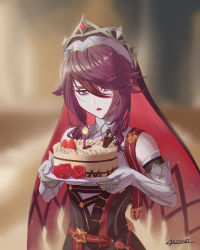 Rule 34 | 1girl, absurdres, bare shoulders, belt, birthday, birthday cake, blurry, blurry background, cake, candle, claw (weapon), elbow gloves, fire, fire, flower, food, fruit, gem, genshin impact, gloves, grey gloves, grey pupils, hair between eyes, half-closed eyes, highres, holding, holding plate, light particles, medium hair, multicolored hair, nun, open mouth, plate, purple eyes, purple hair, red flower, red gemstone, red hair, red rose, ricardo contreras, rosaria (genshin impact), rose, signature, solo, strawberry, streaked hair, tiara, turtleneck, weapon