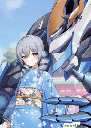 Rule 34 | 1girl, artist name, blue flower, blue kimono, blue sky, blurry, blurry background, bronya zaychik, closed mouth, cloud, cloudy sky, drill hair, floral print, flower, grey eyes, grey hair, hair flower, hair ornament, highres, honkai (series), honkai impact 3rd, japanese clothes, kenjirohayamiti, kimono, long hair, long sleeves, looking at viewer, non-humanoid robot, obi, outdoors, project bunny, robot, sash, sky, smile, solo, twin drills, upper body, white flower