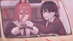 Rule 34 | + +, 900p, black eyes, black jacket, black neckwear, blood, blood splatter, blood stain, breasts, car, chainsaw man, closed mouth, collar grab, collared shirt, commentary, cross-shaped pupils, demon girl, demon horns, driving, formal, hair between eyes, hair ornament, hairclip, higashiyama kobeni, highres, holding, horns, jacket, long hair, long sleeves, looking at viewer, medium breasts, medium hair, mole, mole under eye, mole under mouth, motor vehicle, necktie, open mouth, pink hair, power (chainsaw man), red eyes, shirt, smile, sweat, symbol-only commentary, symbol-shaped pupils, teeth, white shirt
