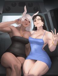 Rule 34 | ;), animal ears, arm up, bare shoulders, black dress, blue dress, boku no hero academia, bracelet, breasts, brown eyes, capcom, chun-li, cleavage, commentary, covered navel, crossed legs, dark-skinned female, dark skin, dress, ear piercing, earrings, english commentary, hair between eyes, hand up, highres, jewelry, large breasts, long hair, looking at viewer, mirko, one eye closed, parted bangs, parted lips, pendant, piercing, rabbit ears, rabbit girl, red eyes, sitting, smile, strapless, strapless dress, street fighter, thick thighs, thighs, toned, v, white hair, zukululuu