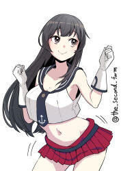 Rule 34 | 1girl, absurdres, agano (kancolle), black hair, breasts, cleavage, clenched hands, contrapposto, gloves, grey eyes, highres, kantai collection, large breasts, long hair, looking to the side, midriff, navel, necktie, one-hour drawing challenge, pleated skirt, red skirt, school uniform, serafuku, simple background, skirt, smile, solo, the second form, twitter username, white background, white gloves