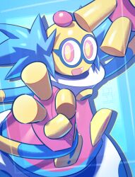 Rule 34 | 1boy, blue hair, colorman.exe, commentary request, looking at viewer, male focus, mega man (series), mega man battle network, mega man battle network (series), mega man battle network 1, multicolored eyes, open mouth, red eyes, solo, tsuchibori, v, yellow eyes