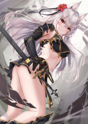 Rule 34 | 1girl, absurdres, animal ears, arm guards, armor, bikini armor, black armor, black ribbon, black skirt, bridal gauntlets, cat ears, closed mouth, crossed bangs, dutch angle, earrings, facial mark, flower, from side, grey hair, hair flower, hair ornament, hair ribbon, highres, holding, holding sword, holding weapon, jewelry, long hair, looking at viewer, looking to the side, navel, original, red eyes, red flower, ribbon, sheath, sheathed, shoulder armor, skirt, solo, sword, weapon, whisker markings, yeosi