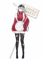 Rule 34 | 1girl, black thighhighs, closed eyes, frima (nikke), full body, goddess of victory: nikke, grey hair, highres, holding, holding sign, jacket, long hair, mask, mask on head, monnyo jpg, red jacket, sign, simple background, sleep mask, sleeping, sleeping upright, solo, standing, thighhighs, torn clothes, torn thighhighs, white background, zipper pull tab