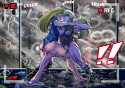 Rule 34 | 2girls, absurdres, alternate costume, alternate hairstyle, artist name, ass, belt, belt pouch, black gloves, blonde hair, blue eyes, blue leotard, boots, breast press, breasts, cammy white, camouflage, city, crack, cracked glass, english text, eyebrows, eyelashes, fighting, gloves, goggles, grey leotard, grey vest, gun, handgun, highres, holding hands, holster, kolin, large breasts, leotard, lips, long hair, looking at another, multiple girls, muscular, muscular female, nipples, parted lips, pistol, pouch, pussy, pussy juice, recording, red-tinted eyewear, simp devil, skin tight, smile, sound effects, street fighter, street fighter v, sweat, teeth, thick thighs, thigh holster, thighs, tinted eyewear, torn clothes, unzipped, vest, weapon, wide hips, window