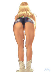 Rule 34 | 1girl, ass, bent over, blonde hair, boots, commentary request, dark-skinned female, dark skin, denim, denim shorts, facing away, from behind, gyaru, hand on own leg, highres, idolmaster, idolmaster shiny colors, izumi mei, legs, long hair, revision, short shorts, shorts, signature, simple background, solo, standing, suna (sandworks), white background, white footwear