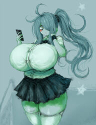 Rule 34 | 1girl, 2b-ge, ahoge, alternate hairstyle, bags under eyes, blush, breasts, chestnut mouth, cowboy shot, curvy, female focus, green theme, grey background, hair over one eye, hand on own face, highres, holding, holding phone, huge breasts, limited palette, long hair, looking at viewer, mei (2b-ge), miniskirt, original, phone, ponytail, school uniform, shirt, sidelocks, skirt, solo, spot color, standing, star (symbol), thick thighs, thighhighs, thighs, white shirt, white thighhighs, wide hips, wristband, zettai ryouiki