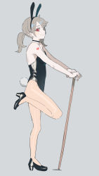 Rule 34 | 1girl, absurdres, animal ears, arm tattoo, bare arms, black footwear, black leotard, cane, commentary request, dress, fake animal ears, grey background, grey hair, heart, heart tattoo, high heels, highres, holding, holding cane, leotard, long hair, original, playboy bunny, rabbit ears, red eyes, simple background, solo, standing, standing on one leg, strapless, strapless leotard, tattoo, torino kawazu, twintails
