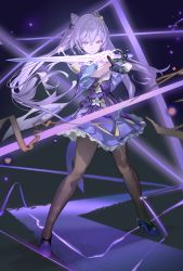 Rule 34 | 1girl, black gloves, black pantyhose, commentary request, detached sleeves, double bun, fighting stance, frilled skirt, frills, full body, genshin impact, gloves, hair between eyes, hair bun, hair ornament, high heels, highres, holding, holding sword, holding weapon, keqing (genshin impact), leenim, lightning, long hair, looking at viewer, pantyhose, purple eyes, purple footwear, purple hair, purple theme, revision, sidelocks, skirt, solo, sword, twintails, v-shaped eyebrows, weapon
