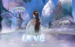 Rule 34 | 1girl, back, bird, black hair, breasts, cloud, doupo cangqiong, floating island, from behind, highres, long hair, looking down, mo qing ll, mountain, onsen, second-party source, smoke, tree, undressing, upper body, writing, yun yun (doupo cangqiong)