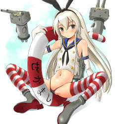 Rule 34 | &gt; &lt;, 10s, 1girl, :3, bad id, bad pixiv id, black eyes, blonde hair, boots, closed eyes, elbow gloves, gloves, grey footwear, hairband, innertube, kantai collection, long hair, navel, panties, rensouhou-chan, shimakaze (kancolle), shuuji (shumi), solo, spread legs, striped clothes, striped thighhighs, swim ring, thighhighs, triangle mouth, underwear, | |