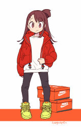 Rule 34 | 1girl, alternate costume, black pants, box, brown eyes, brown hair, closed mouth, commentary, full body, jacket, kagari atsuko, little witch academia, long hair, looking at viewer, mago, nike (company), pants, red jacket, shirt, shoes, solo, standing, symbol-only commentary, white shirt, yellow footwear