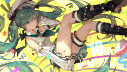 Rule 34 | 1girl, absurdres, anniversary, boots, bridal garter, commentary request, detached sleeves, floating hair, green eyes, green hair, hat, hatsune miku, highres, linfi-muu, long hair, looking at viewer, revision, skirt, solo, spring onion, star (symbol), twintails, very long hair, vocaloid, yellow background