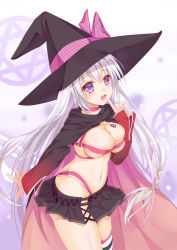 Rule 34 | 1girl, absurdres, artist request, ayachi nene, belt, blush, bow, breasts, hat, highres, long hair, looking at viewer, medium breasts, navel, open mouth, purple eyes, ribbon, sanoba witch, silver hair, skirt, solo, thighhighs, witch hat, yuzu-soft
