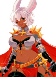 Rule 34 | 1girl, animal ear fluff, animal ears, armor, bikini armor, black gloves, black thighhighs, breasts, cape, chainmail, cleavage, commentary, cowboy shot, cross, crossover, dark-skinned female, dark skin, elbow gloves, english commentary, final fantasy, final fantasy xiv, gloves, grey eyes, groin, hair between eyes, highres, holding, holding sword, holding weapon, kiddybro, large breasts, looking at viewer, medium bangs, navel, one eye closed, open mouth, pauldrons, pelvic curtain, rabbit ears, rabbit girl, ragnarok online, red cape, rune knight (ragnarok online), short hair, shoulder armor, simple background, smile, solo, spiked pauldrons, sword, thighhighs, viera, warrior of light (ff14), weapon, white background, white hair