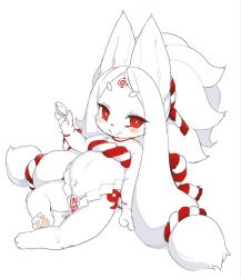 Rule 34 | 1girl, animal ears, convenient censoring, cup, furry, furry female, kishibe, leaning back, long hair, looking at viewer, naughty face, nude, ofuda, original, red eyes, rope, sakazuki, sitting, smile, solo, very long hair, white hair, wolf ears