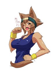 Rule 34 | 10s, 1girl, 2016, absurdres, animal ears, bad id, bad pixiv id, blush, breasts, brown hair, claws, dated, dog ears, dog girl, dog tail, fang, furry, furry female, hand on own hip, highres, kagiyama (clave), kobold, medium breasts, monster girl, monster musume no iru nichijou, one eye closed, open mouth, orange eyes, polt, short hair, signature, simple background, sketch, snout, solo, sweatband, tail, upper body, white background