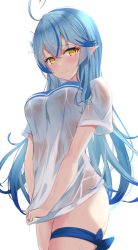 Rule 34 | 1girl, ahoge, blouse, blue hair, blush, breasts, colored tips, commentary request, covering privates, covering crotch, elf, embarrassed, hair between eyes, hair down, heart, heart ahoge, highres, hololive, large breasts, leg ribbon, long hair, looking at viewer, multicolored hair, nail polish, pointy ears, ribbon, see-through, shirt, shirt tug, solo, streaked hair, t-shirt, thigh ribbon, very long hair, virtual youtuber, wet, wet clothes, wet shirt, white shirt, yellow eyes, yukihana lamy, yuzuki4no