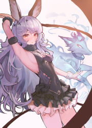 Rule 34 | 1girl, absurdres, animal ears, arm up, armpits, bad id, bad pixiv id, beppo (granblue fantasy), black skirt, blue hair, breasts, commentary request, covered navel, erune, ferry (granblue fantasy), frilled skirt, frills, granblue fantasy, hair ornament, highres, holding, holding whip, long hair, looking at viewer, medium breasts, orange eyes, sideboob, skirt, thighs, whip, x hair ornament, zain (jiha3905)