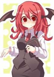 Rule 34 | 1girl, :/, bad id, bad pixiv id, bat wings, blush, blush stickers, book, breasts, dress shirt, female focus, head wings, holding, holding book, kikiriri, koakuma, long sleeves, looking at viewer, medium breasts, necktie, outline, red eyes, red hair, red necktie, shirt, simple background, skirt, skirt set, solo, touhou, vest, white shirt, wide-eyed, wings