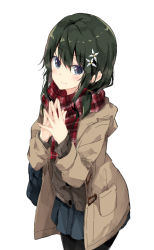 Rule 34 | 1girl, bad id, bad pixiv id, bag, black hair, black pantyhose, blue eyes, blush, brown jacket, brown sweater, buttons, checkered clothes, checkered scarf, closed mouth, flower, hair flower, hair ornament, holding, holding bag, hood, hood down, hooded jacket, jacket, long sleeves, looking at viewer, medium hair, open clothes, open jacket, original, own hands together, pantyhose, pleated skirt, red scarf, scarf, school bag, school uniform, shiina kuro, simple background, skirt, smile, solo, standing, sweater, white background