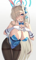 Rule 34 | 1girl, animal ears, asuna (blue archive), asuna (bunny) (blue archive), asymmetrical bangs, bare shoulders, bent over, blue archive, blue bow, blue bowtie, blue eyes, blue leotard, bow, bowtie, breasts, brown pantyhose, cleavage, collarbone, covered navel, cowboy shot, detached collar, elbow gloves, fake animal ears, gloves, grin, hair over one eye, hair ribbon, halo, head tilt, heart, heart hands, highleg, highleg leotard, highres, kaneki yushi, large breasts, leotard, light blush, light brown hair, long hair, looking at viewer, pantyhose, playboy bunny, rabbit ears, ribbon, simple background, smile, solo, thighband pantyhose, traditional bowtie, very long hair, white gloves