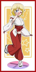 Rule 34 | 1girl, blonde hair, blue eyes, blush, border, character request, hakama, hakama skirt, heybot!, highres, japanese clothes, miko, one eye closed, red border, red hakama, ribbon-trimmed sleeves, ribbon trim, sandals, short hair, skirt, solo, standing, standing on one leg, tabi, wanao, wide sleeves, zouri